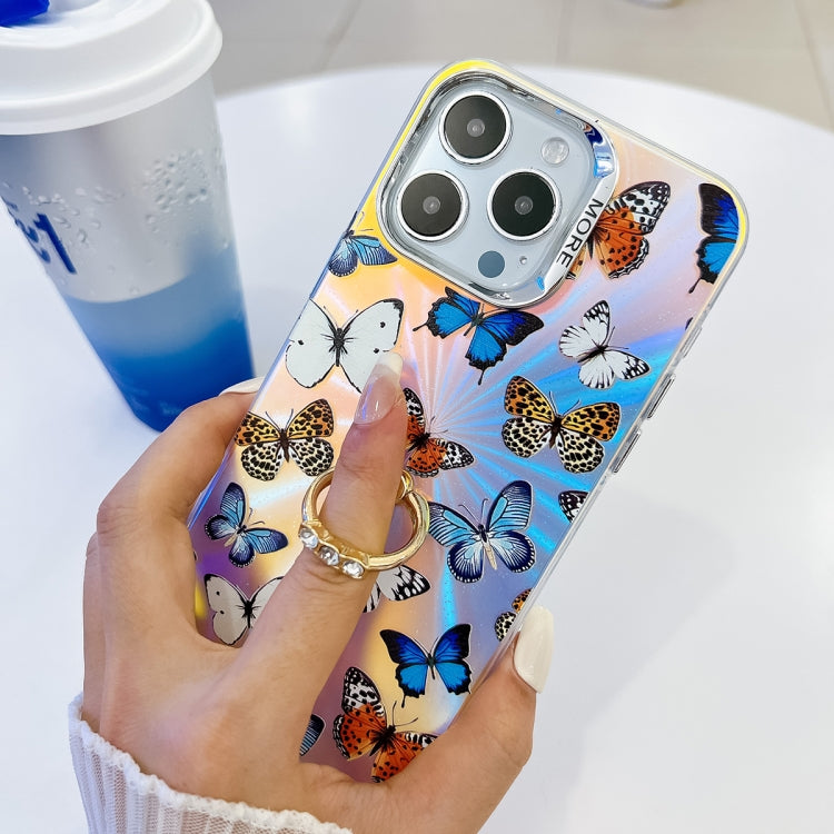 For iPhone 16 Electroplating Laser Butterfly Ring Holder Phone Case(Blue Butterflies AB4) - iPhone 16 Cases by buy2fix | Online Shopping UK | buy2fix