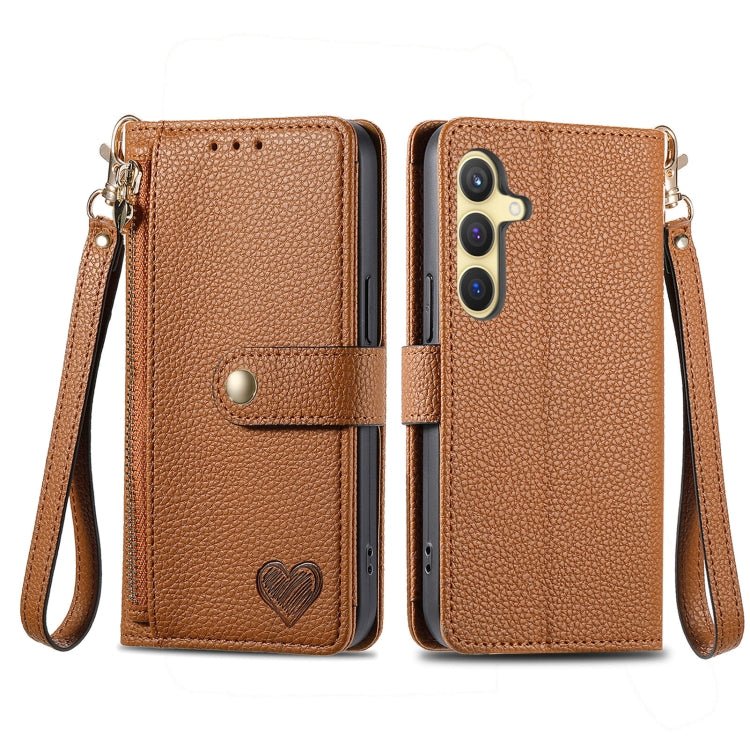 For Samsung Galaxy S25 5G Love Zipper Lanyard Leather Phone Case(Brown) - Galaxy S25 5G Cases by buy2fix | Online Shopping UK | buy2fix