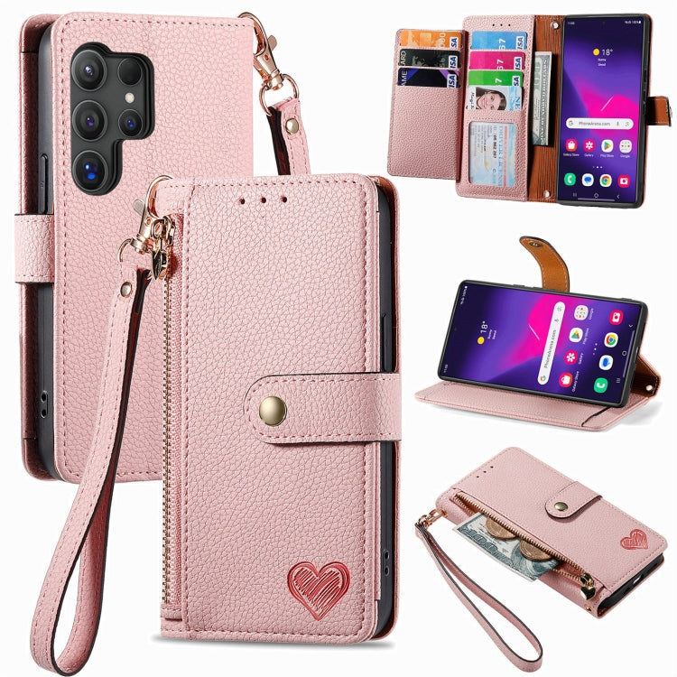 For Samsung Galaxy S25 Ultra 5G Love Zipper Lanyard Leather Phone Case(Pink) - Galaxy S25 Ultra 5G Cases by buy2fix | Online Shopping UK | buy2fix