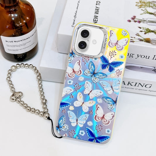 For iPhone 16 Electroplating Laser Butterfly Phone Case with Wrist Strap(Blue Butterflies AB4) - iPhone 16 Cases by buy2fix | Online Shopping UK | buy2fix