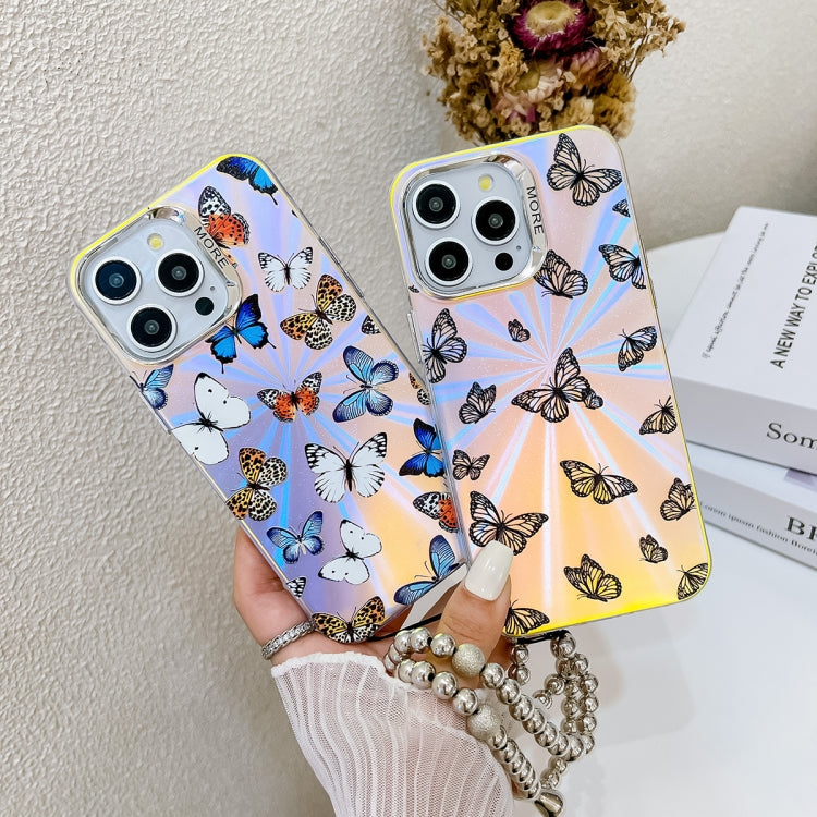 For iPhone 16 Electroplating Laser Butterfly Phone Case with Wrist Strap(White Purple Butterflies AB6) - iPhone 16 Cases by buy2fix | Online Shopping UK | buy2fix