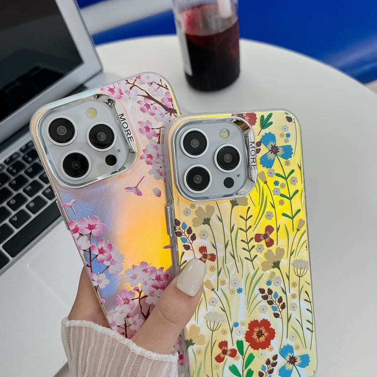 For iPhone 16 Plus Electroplating Laser Flower Texture TPU Phone Case(Leaves AH12) - iPhone 16 Plus Cases by buy2fix | Online Shopping UK | buy2fix