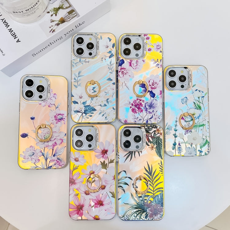 For iPhone 16 Pro Electroplating Laser Flower Ring Holder TPU Phone Case(Blue Flower AH8) - iPhone 16 Pro Cases by buy2fix | Online Shopping UK | buy2fix