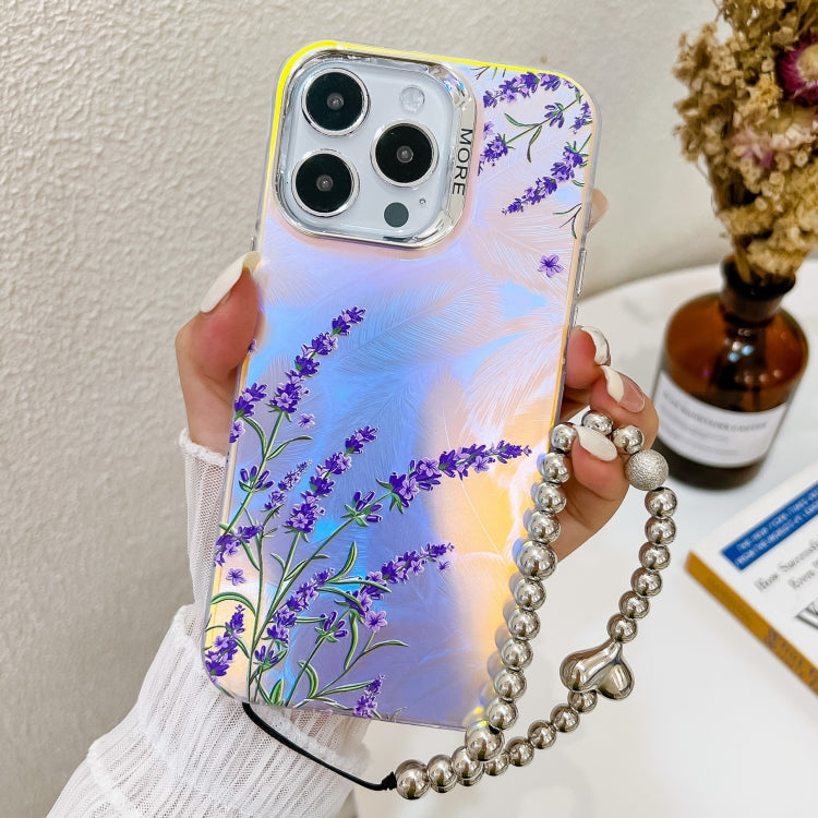 For iPhone 16 Pro Max Electroplating Laser Flower Phone Case with Wrist Strap(Lavender AH14) - iPhone 16 Pro Max Cases by buy2fix | Online Shopping UK | buy2fix