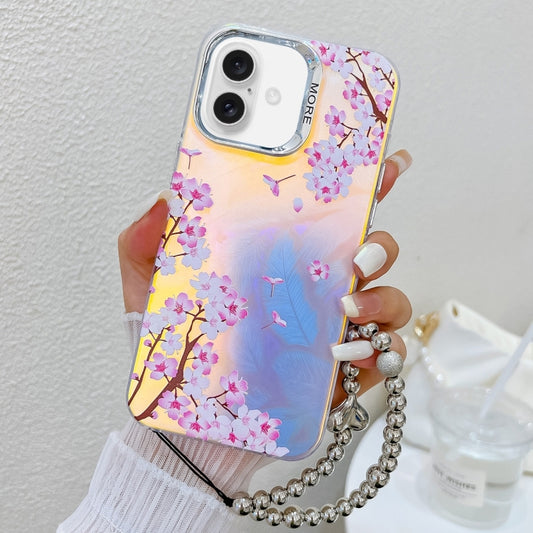 For iPhone 16 Plus Electroplating Laser Flower Phone Case with Wrist Strap(Peach Blossom AH4) - iPhone 16 Plus Cases by buy2fix | Online Shopping UK | buy2fix