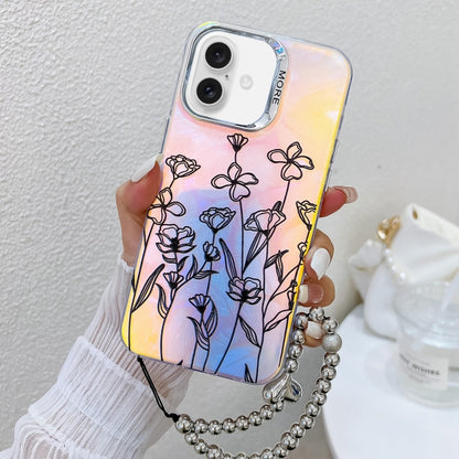 For iPhone 16 Electroplating Laser Flower Phone Case with Wrist Strap(Drawn Flowers AH3) - iPhone 16 Cases by buy2fix | Online Shopping UK | buy2fix