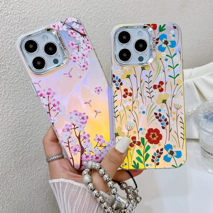 For iPhone 16 Electroplating Laser Flower Phone Case with Wrist Strap(Drawn Flowers AH3) - iPhone 16 Cases by buy2fix | Online Shopping UK | buy2fix