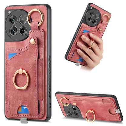 For OnePlus 12 5G Retro Skin-feel Ring Card Bag Phone Case with Hang Loop(Pink) - OnePlus Cases by buy2fix | Online Shopping UK | buy2fix