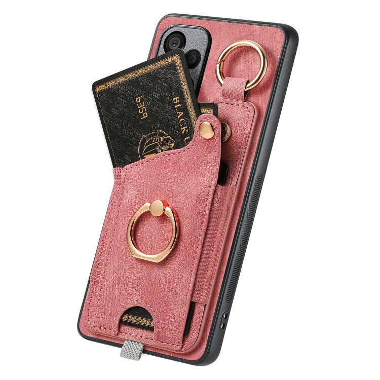 For OnePlus 12 5G Retro Skin-feel Ring Card Bag Phone Case with Hang Loop(Pink) - OnePlus Cases by buy2fix | Online Shopping UK | buy2fix