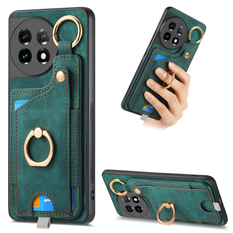 For OnePlus 11 Retro Skin-feel Ring Card Bag Phone Case with Hang Loop(Green) - OnePlus Cases by buy2fix | Online Shopping UK | buy2fix