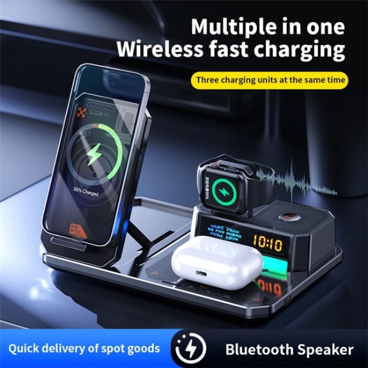 T50 5-in-1 Magnetic Wireless Charger Phone Watch Earphone Charging Stand with Clock & Speaker(Black) - Wireless Charger by buy2fix | Online Shopping UK | buy2fix