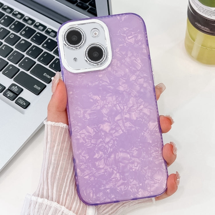 For iPhone 16 Plating Glitter Texture TPU Phone Case with Lens Film(Purple Shell Pattern) - iPhone 16 Plus Cases by buy2fix | Online Shopping UK | buy2fix