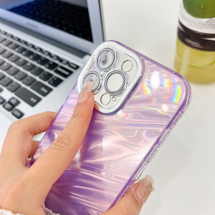 For iPhone 16 Plating Glitter Texture TPU Phone Case with Lens Film(Purple Shell Pattern) - iPhone 16 Plus Cases by buy2fix | Online Shopping UK | buy2fix