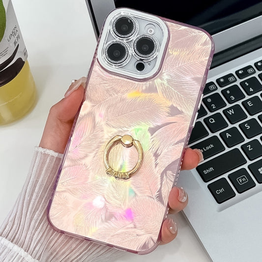 For iPhone 16 Pro Plating Glitter Texture Ring Holder TPU Phone Case with Lens Film(Pink Feathers) - More iPhone Cases by buy2fix | Online Shopping UK | buy2fix