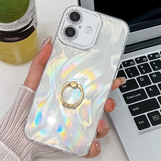 For iPhone 16 Plating Glitter Texture Ring Holder TPU Phone Case with Lens Film(White Feather Yarn) - iPhone 16 Cases by buy2fix | Online Shopping UK | buy2fix