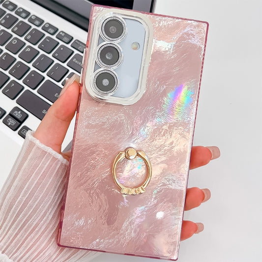 For Samsung Galaxy S25 5G Plating Glitter Texture Ring Holder TPU Phone Case with Lens Film(Pink Tinfoil Texture) - Galaxy S25 5G Cases by buy2fix | Online Shopping UK | buy2fix