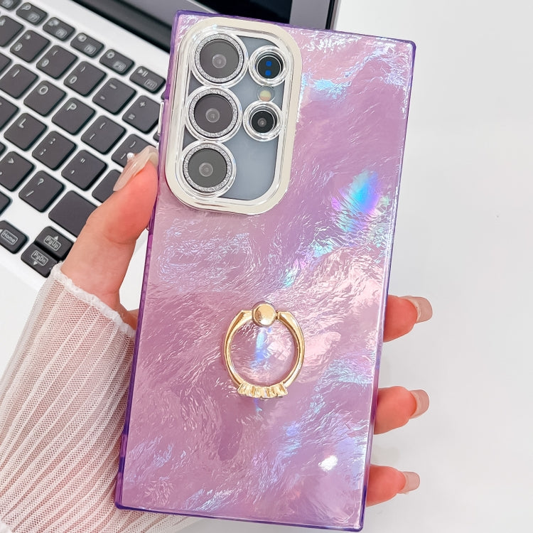 For Samsung Galaxy S25 Ultra 5G Plating Glitter Texture Ring Holder TPU Phone Case with Lens Film(Purple Tinfoil Texture) - Galaxy S25 Ultra 5G Cases by buy2fix | Online Shopping UK | buy2fix