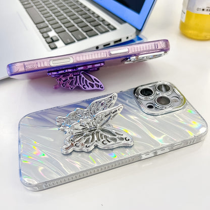 For iPhone 16 Plus Plating Glitter Texture Butterfly Holder TPU Phone Case with Lens Film(Purple Tinfoil Texture) - iPhone 16 Plus Cases by buy2fix | Online Shopping UK | buy2fix