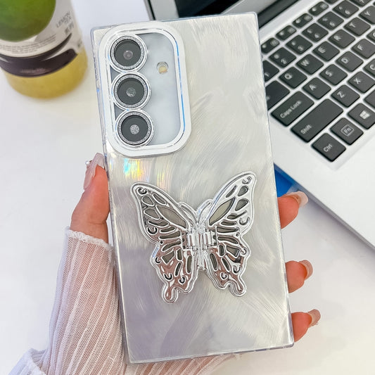 For Samsung Galaxy S25 5G Plating Glitter Texture Butterfly Holder TPU Phone Case with Lens Film(White Feather Yarn) - Galaxy S25 5G Cases by buy2fix | Online Shopping UK | buy2fix