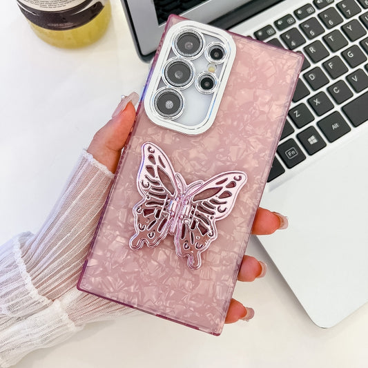 For Samsung Galaxy S25 Ultra 5G Plating Glitter Texture Butterfly Holder TPU Phone Case with Lens Film(Pink Shell Pattern) - Galaxy S25 Ultra 5G Cases by buy2fix | Online Shopping UK | buy2fix