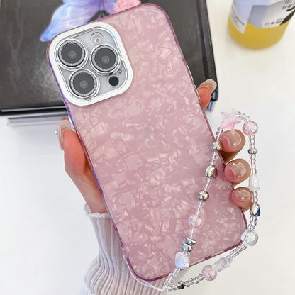 For iPhone 16 Plating Glitter Texture Chain Wristband TPU Phone Case with Lens Film(Pink Shell Pattern) - iPhone 16 Cases by buy2fix | Online Shopping UK | buy2fix