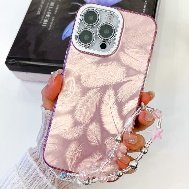 For iPhone 16 Plating Glitter Texture Chain Wristband TPU Phone Case with Lens Film(Pink Feathers) - iPhone 16 Cases by buy2fix | Online Shopping UK | buy2fix