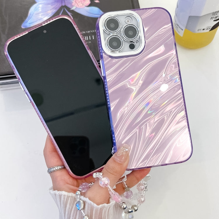 For iPhone 16 Plating Glitter Texture Chain Wristband TPU Phone Case with Lens Film(Purple Shell Pattern) - iPhone 16 Cases by buy2fix | Online Shopping UK | buy2fix