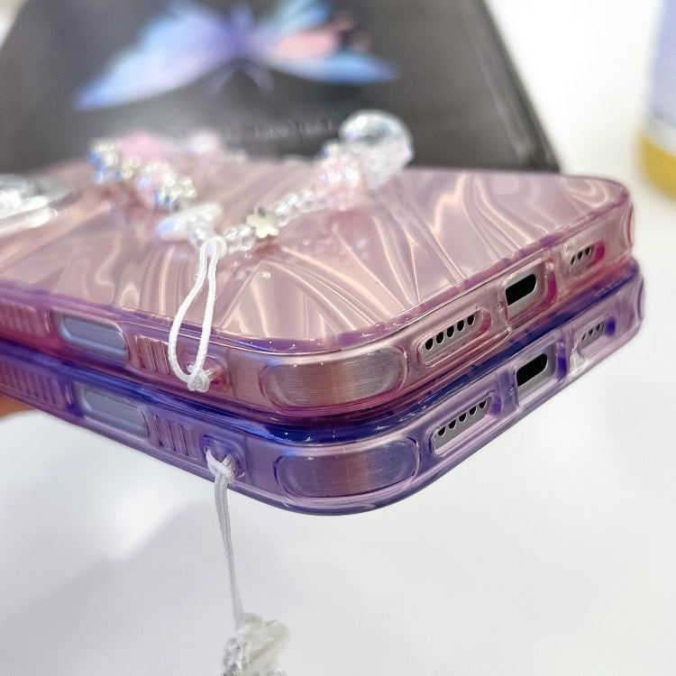 For iPhone 16 Pro Plating Glitter Texture Chain Wristband TPU Phone Case with Lens Film(Purple Feathers) - iPhone 16 Pro Cases by buy2fix | Online Shopping UK | buy2fix