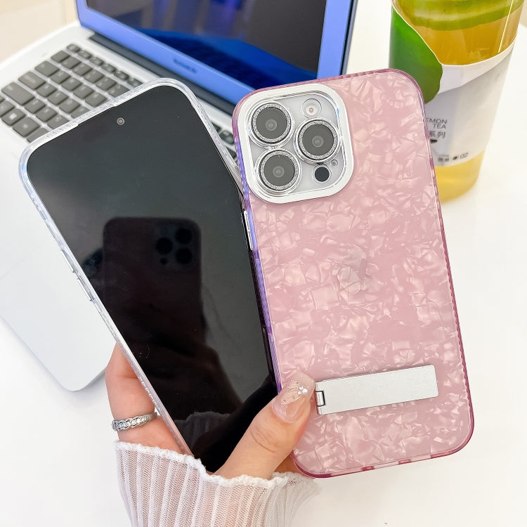 For iPhone 16 Plus Plating Glitter Texture Fold Holder TPU Phone Case with Lens Film(Pink Tinfoil Texture) - iPhone 16 Plus Cases by buy2fix | Online Shopping UK | buy2fix