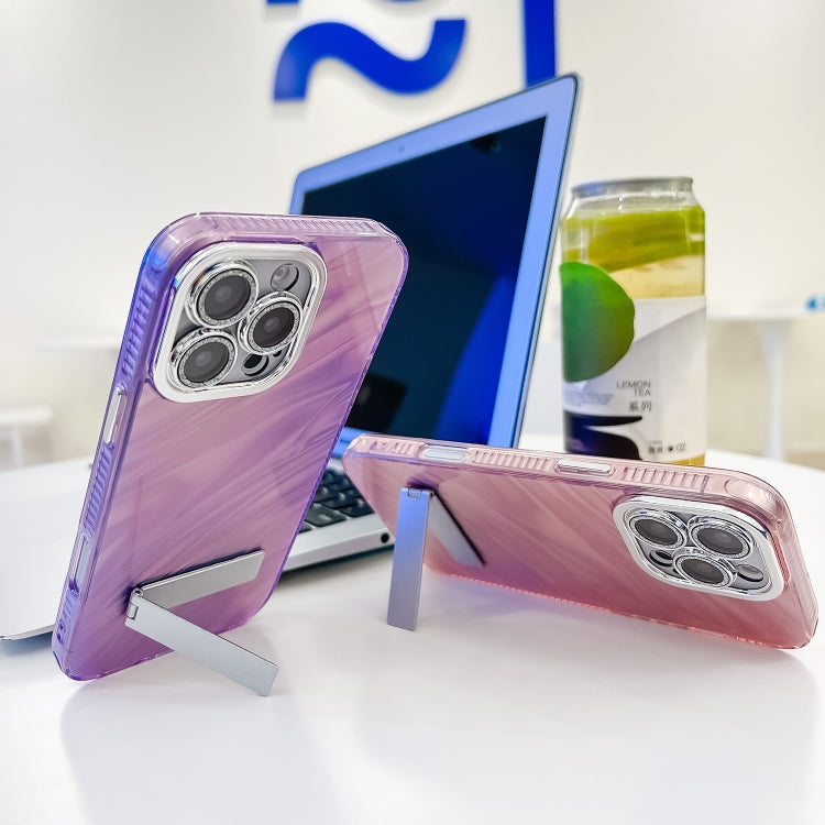 For iPhone 16 Pro Max Plating Glitter Texture Fold Holder TPU Phone Case with Lens Film(Purple Water Ripples) - iPhone 16 Pro Max Cases by buy2fix | Online Shopping UK | buy2fix