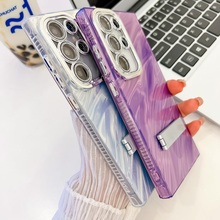 For Samsung Galaxy S25 Ultra 5G Plating Glitter Texture Fold Holder TPU Phone Case with Lens Film(Purple Feather Yarn) - Galaxy S25 Ultra 5G Cases by buy2fix | Online Shopping UK | buy2fix