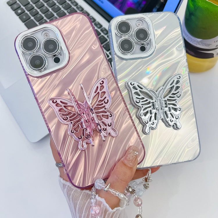 For iPhone 16 Pro Plating Glitter Lens Film Texture Butterfly Holder Wristband Phone Case(Pink Feathers) - iPhone 16 Pro Cases by buy2fix | Online Shopping UK | buy2fix