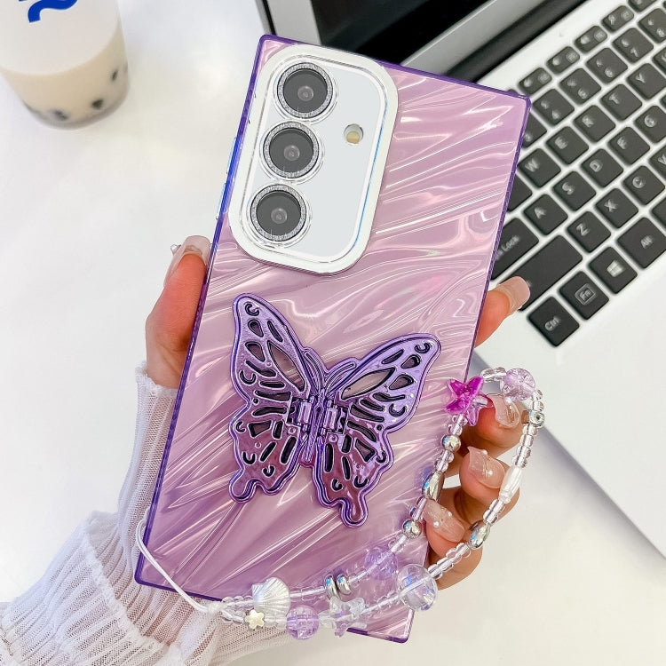 For Samsung Galaxy S25 5G Plating Glitter Lens Film Texture Butterfly Holder Wristband Phone Case(Purple Water Ripples) - Galaxy S25 5G Cases by buy2fix | Online Shopping UK | buy2fix