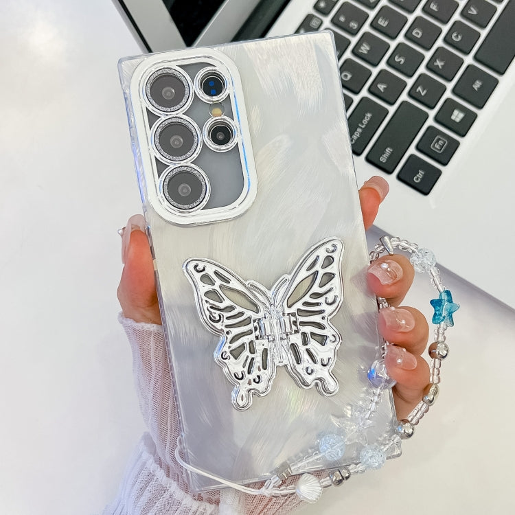 For Samsung Galaxy S25 Ultra 5G Plating Glitter Lens Film Texture Butterfly Holder Wristband Phone Case(White Feather Yarn) - Galaxy S25 Ultra 5G Cases by buy2fix | Online Shopping UK | buy2fix