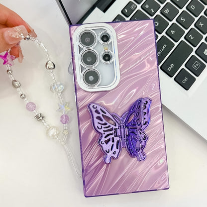 For Samsung Galaxy S25 5G Plating Glitter Lens Film Texture Butterfly Holder Wristband Phone Case(White Wrinkles) - Galaxy S25 5G Cases by buy2fix | Online Shopping UK | buy2fix