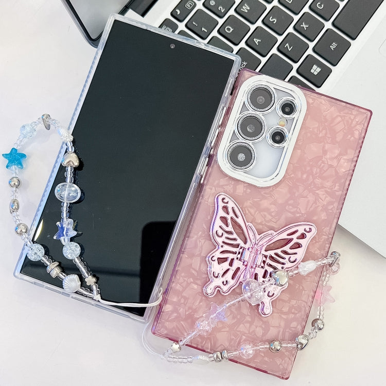 For Samsung Galaxy S25 5G Plating Glitter Lens Film Texture Butterfly Holder Wristband Phone Case(Pink Water Ripples) - Galaxy S25 5G Cases by buy2fix | Online Shopping UK | buy2fix