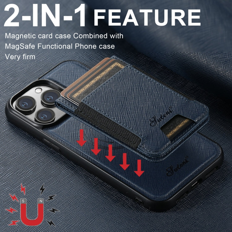 For iPhone 15 Pro Max Suteni H17 Cross Grain Leather MagSafe Detachable Wallet Phone Case(Blue) - iPhone 15 Pro Max Cases by Suteni | Online Shopping UK | buy2fix