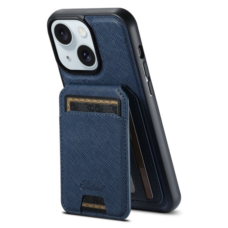 For iPhone 15 Suteni H18 Cross Grain MagSafe Wallet Leather Phone Case(Blue) - iPhone 15 Cases by Suteni | Online Shopping UK | buy2fix