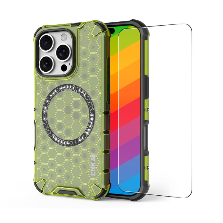 For iPhone 16 Pro Max ENKAY Hat-Prince Honeycomb MagSafe Shockproof Phone Case with Large Arc Edge Film(Green) - iPhone 16 Pro Max Cases by ENKAY | Online Shopping UK | buy2fix