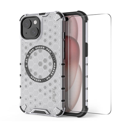 For iPhone 15 Plus ENKAY Hat-Prince Honeycomb MagSafe Shockproof Phone Case with Large Arc Edge Film(White) - iPhone 15 Plus Cases by ENKAY | Online Shopping UK | buy2fix