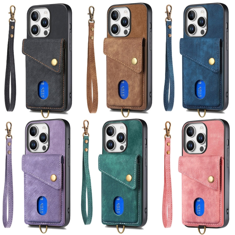 For iPhone 16 Plus Retro Card Wallet Fold Leather Phone Case with Strap(Blue) - iPhone 16 Plus Cases by buy2fix | Online Shopping UK | buy2fix