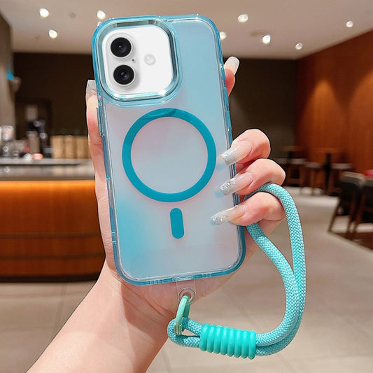 For iPhone 16 Plus Bright Shadow  Magsafe Discoloration Phone Case with Wrist Strap(Blue) - iPhone 16 Plus Cases by buy2fix | Online Shopping UK | buy2fix