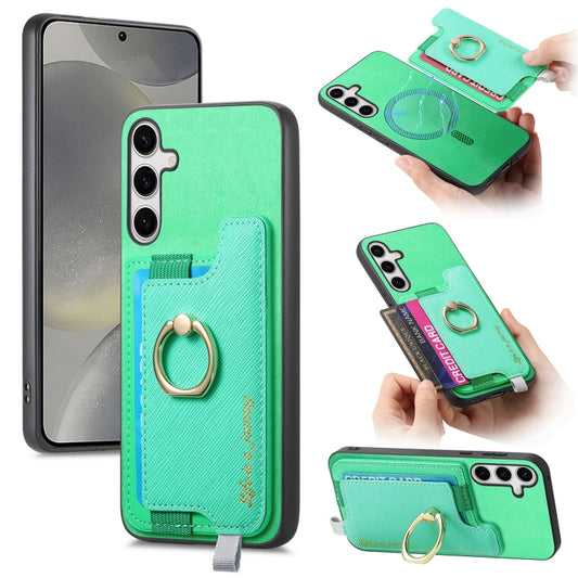 For Samsung Galaxy S25 5G Retro Cross Leather Ring Horizontal Insert Card Bag MagSafe Phone Case(Green) - Galaxy S25 5G Cases by buy2fix | Online Shopping UK | buy2fix