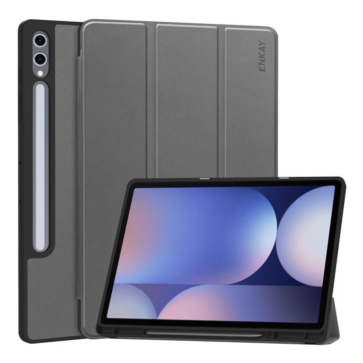 For Samsung Galaxy Tab S10 Ultra / S9 Ultra ENKAY Tri-fold Custer Texture TPU Leather Smart Tablet Case with Pen Slot(Grey) - Galaxy Tab S9 Ultra Cases by ENKAY | Online Shopping UK | buy2fix