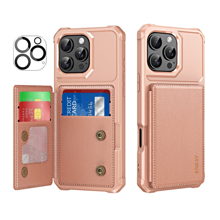 For iPhone 16 Pro Max ENKAY Hat-Prince Card Slot Wallet TPU Back Leather Phone Case with Lens Film(Rose Gold) - iPhone 16 Pro Max Cases by ENKAY | Online Shopping UK | buy2fix