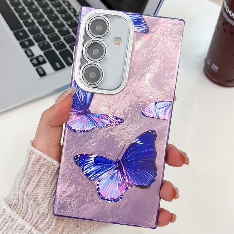 For Samsung Galaxy S25 5G Plating Texture Butterfly TPU Phone Case with Glitter Lens Film(Purple Butterflies HU4) - Galaxy S25 5G Cases by buy2fix | Online Shopping UK | buy2fix