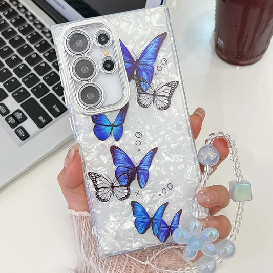 For Samsung Galaxy S25 Ultra 5G Plating Texture Butterfly Wristband TPU Phone Case with Glitter Lens Film(Blue Butterflies HU3) - Galaxy S25 Ultra 5G Cases by buy2fix | Online Shopping UK | buy2fix