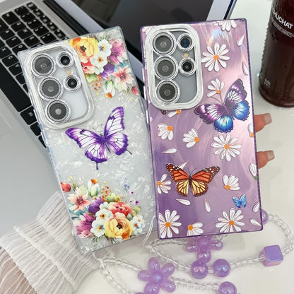 For Samsung Galaxy S25 Ultra 5G Plating Texture Butterfly Wristband TPU Phone Case with Glitter Lens Film(Silver Butterflies HU6) - Galaxy S25 Ultra 5G Cases by buy2fix | Online Shopping UK | buy2fix