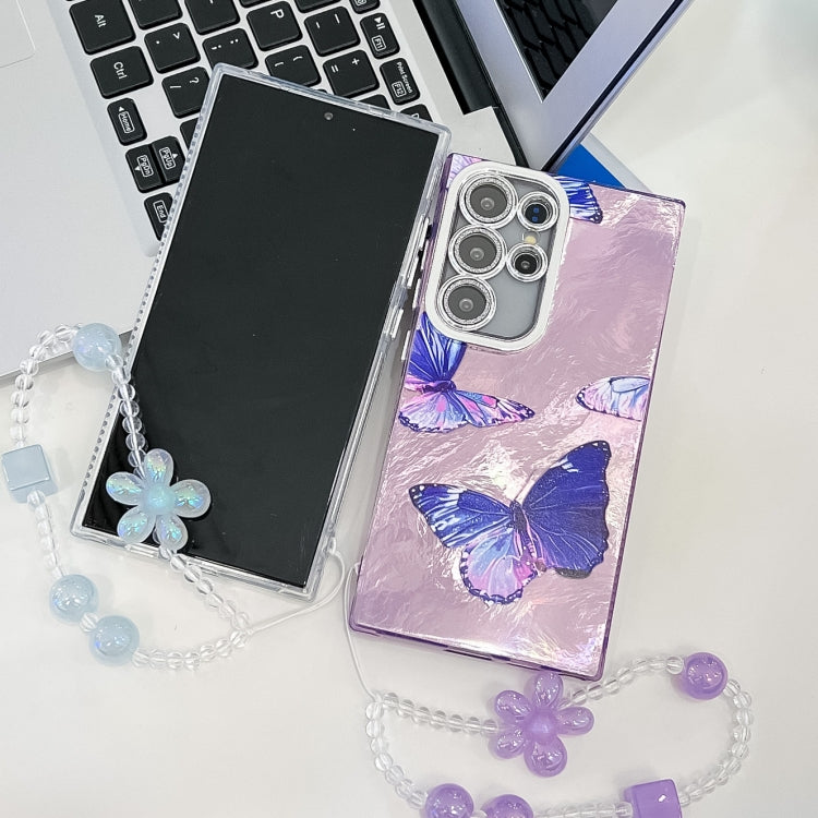 For Samsung Galaxy S25 Ultra 5G Plating Texture Butterfly Wristband TPU Phone Case with Glitter Lens Film(Silver Butterflies HU6) - Galaxy S25 Ultra 5G Cases by buy2fix | Online Shopping UK | buy2fix