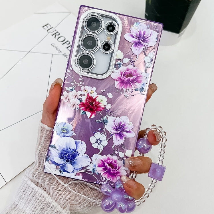 For Samsung Galaxy S25 Ultra 5G Electroplating Flowers Plants Texture Wristband TPU Phone Case(Purple Flowers FL1) - Galaxy S25 Ultra 5G Cases by buy2fix | Online Shopping UK | buy2fix